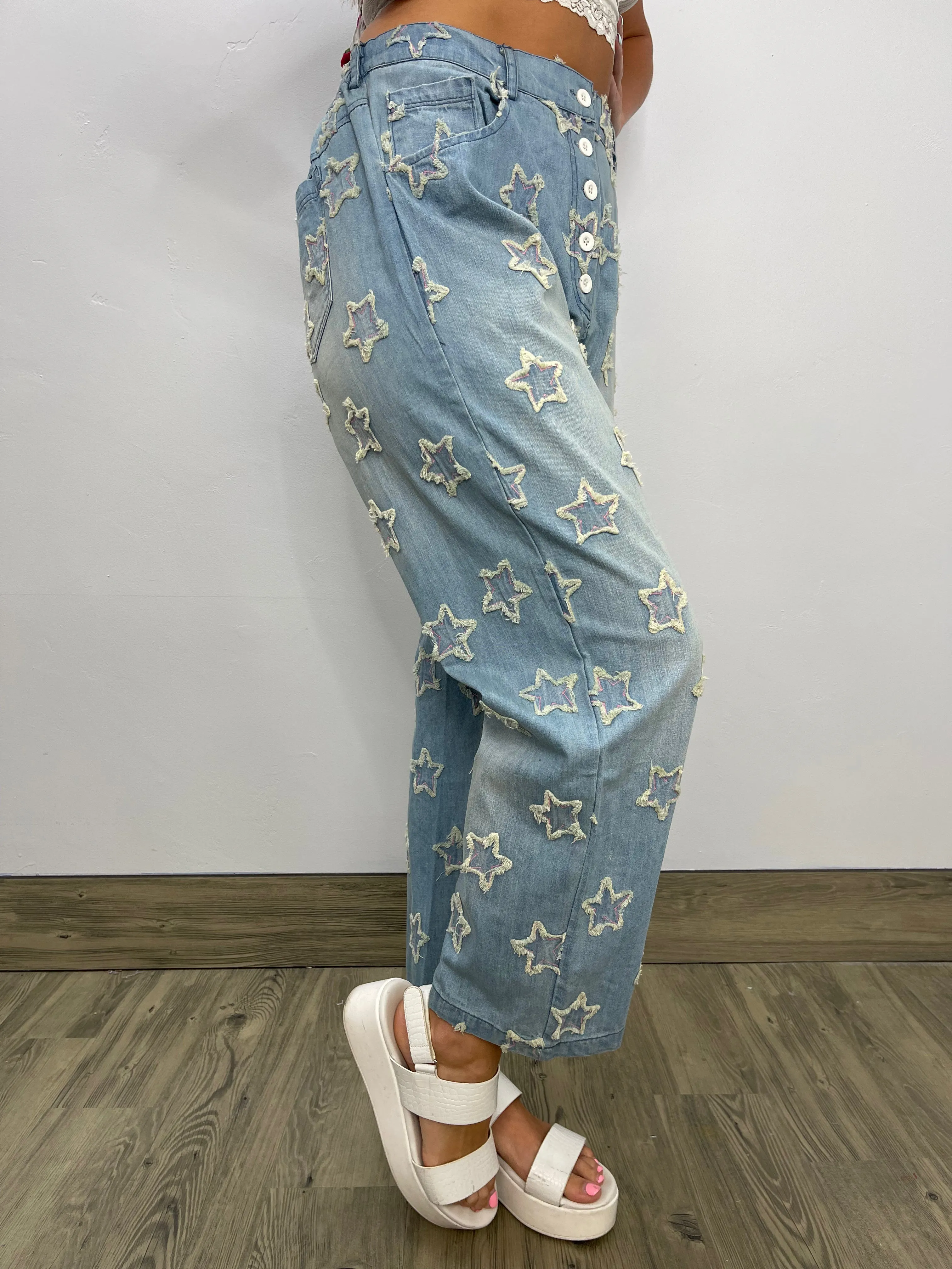 Star Pattern Blue Denim Jeans