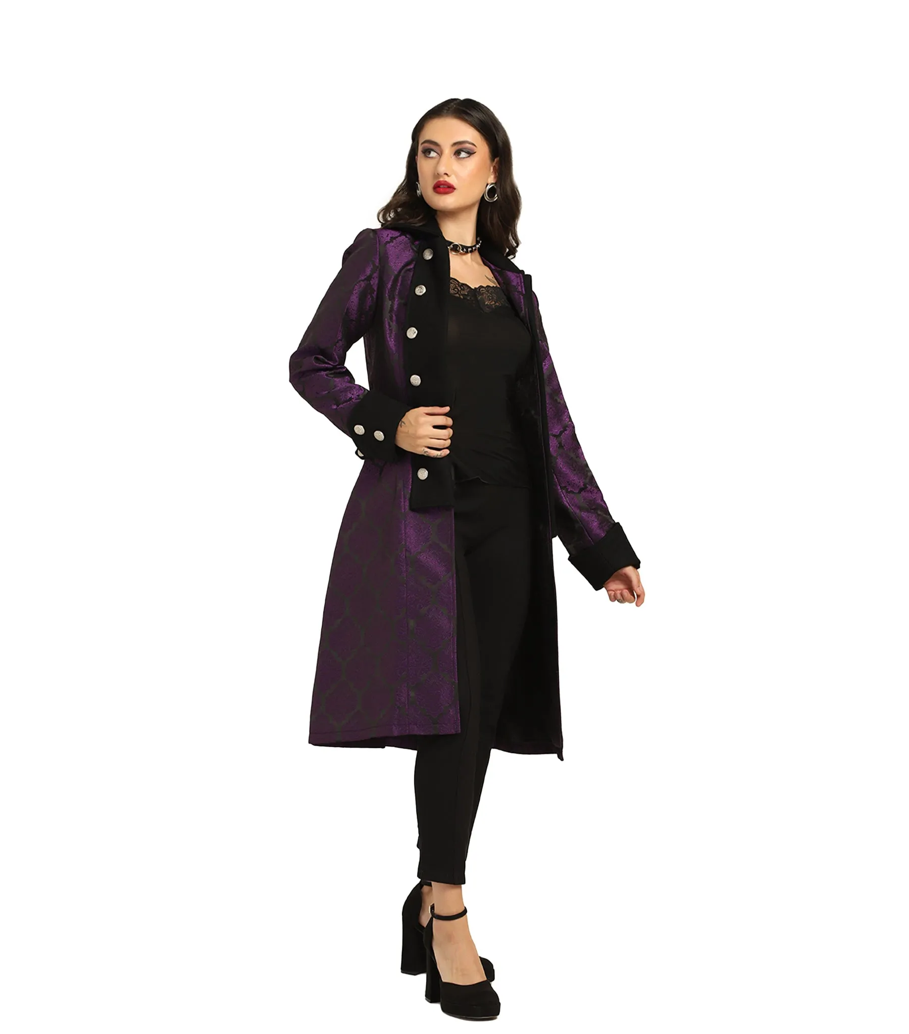 Steampunk Pirate Captain Long Coat – Black & Purple Brocade