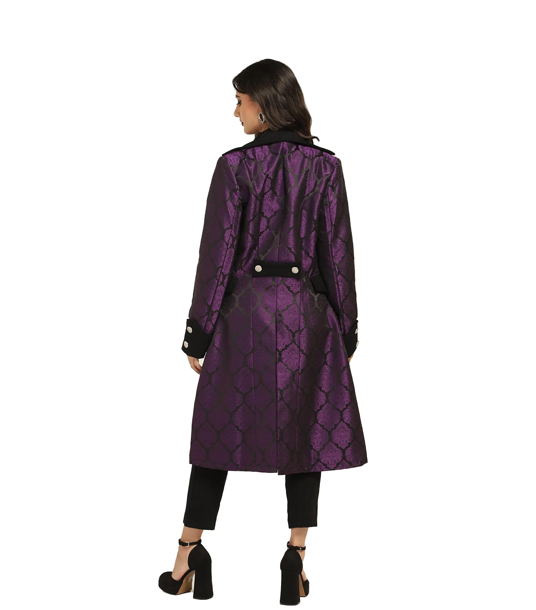 Steampunk Pirate Captain Long Coat – Black & Purple Brocade