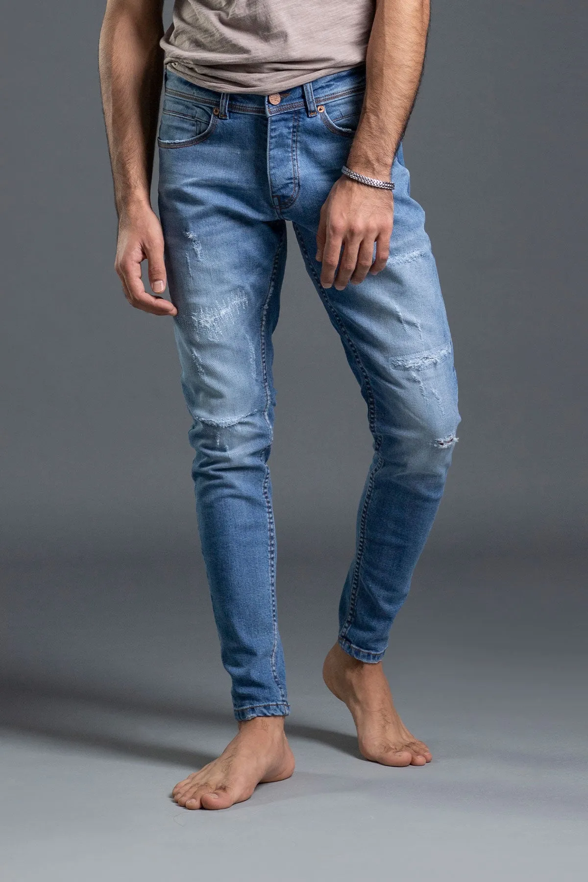 Stretchable Skinny With Grinding Jeans (Light Blue) ( Aphatus )