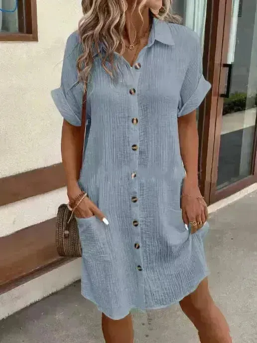 Summer Short Sleeve Shirt Dress Fashion Solid Color Casual Buttoned Down Midi Loose Dress