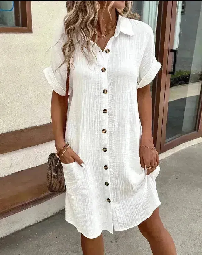 Summer Short Sleeve Shirt Dress Fashion Solid Color Casual Buttoned Down Midi Loose Dress