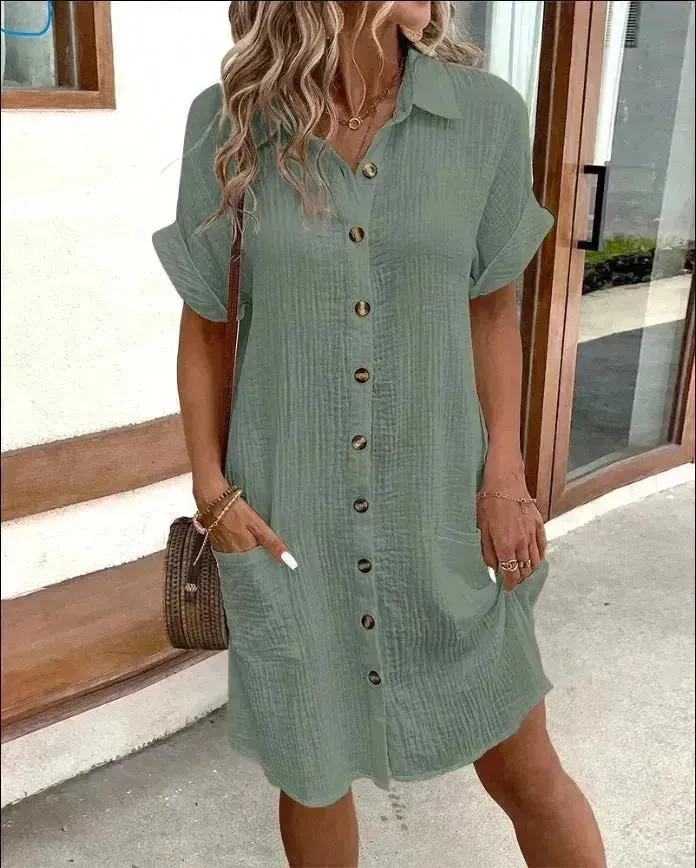 Summer Short Sleeve Shirt Dress Fashion Solid Color Casual Buttoned Down Midi Loose Dress