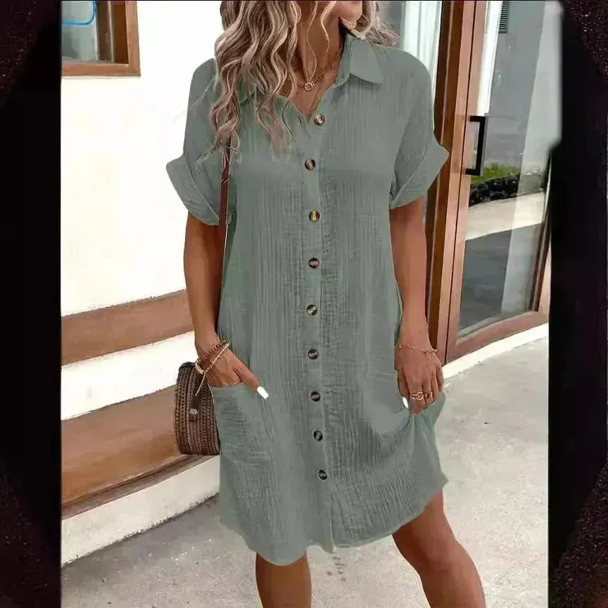 Summer Short Sleeve Shirt Dress Fashion Solid Color Casual Buttoned Down Midi Loose Dress