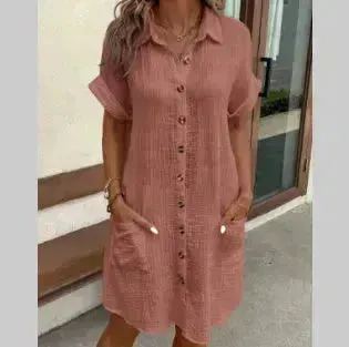 Summer Short Sleeve Shirt Dress Fashion Solid Color Casual Buttoned Down Midi Loose Dress