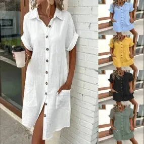 Summer Short Sleeve Shirt Dress Fashion Solid Color Casual Buttoned Down Midi Loose Dress