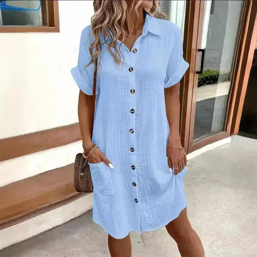 Summer Short Sleeve Shirt Dress Fashion Solid Color Casual Buttoned Down Midi Loose Dress