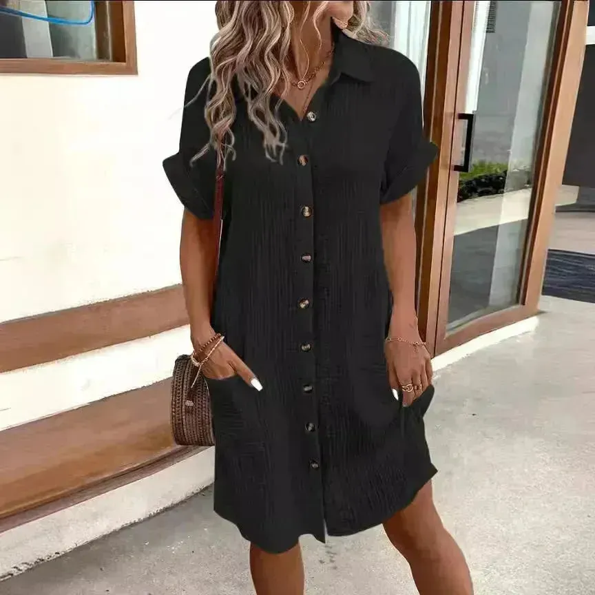 Summer Short Sleeve Shirt Dress Fashion Solid Color Casual Buttoned Down Midi Loose Dress