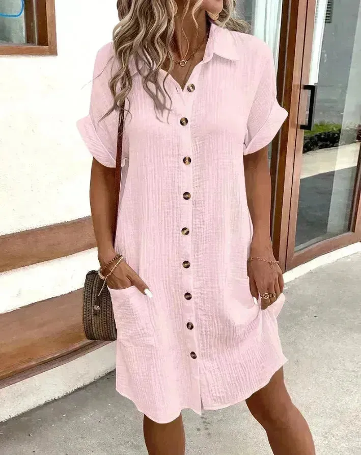 Summer Short Sleeve Shirt Dress Fashion Solid Color Casual Buttoned Down Midi Loose Dress