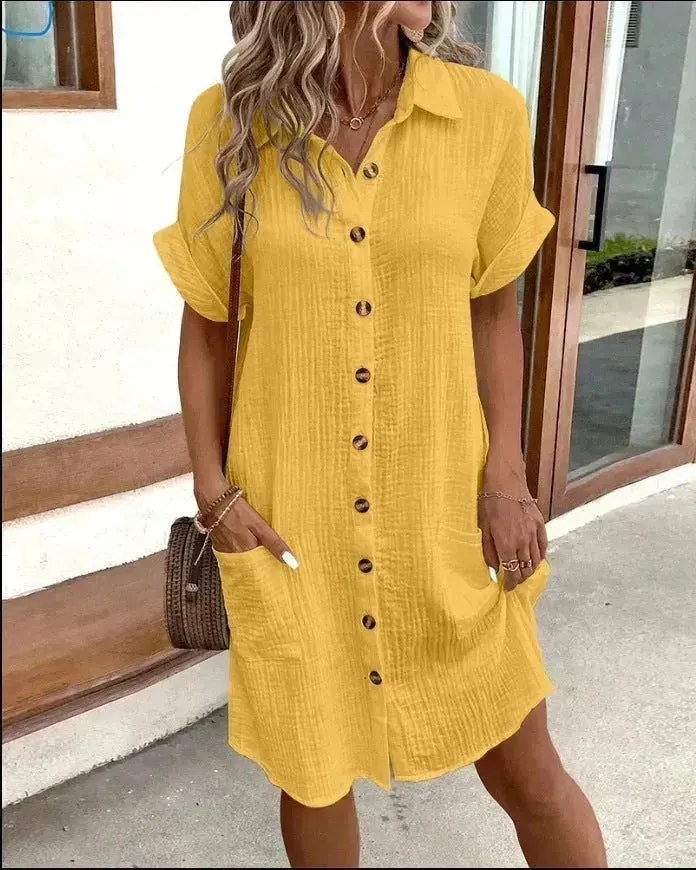 Summer Short Sleeve Shirt Dress Fashion Solid Color Casual Buttoned Down Midi Loose Dress