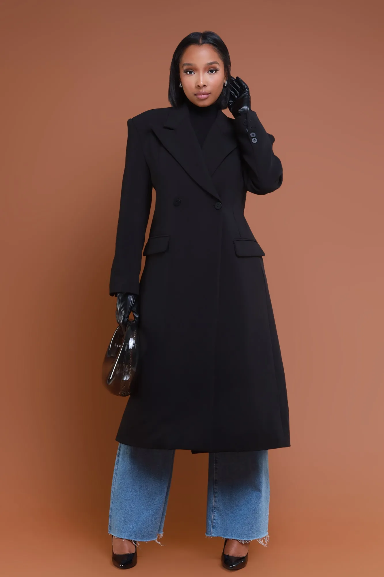 Take Notes Double Breasted Longline Coat - Black