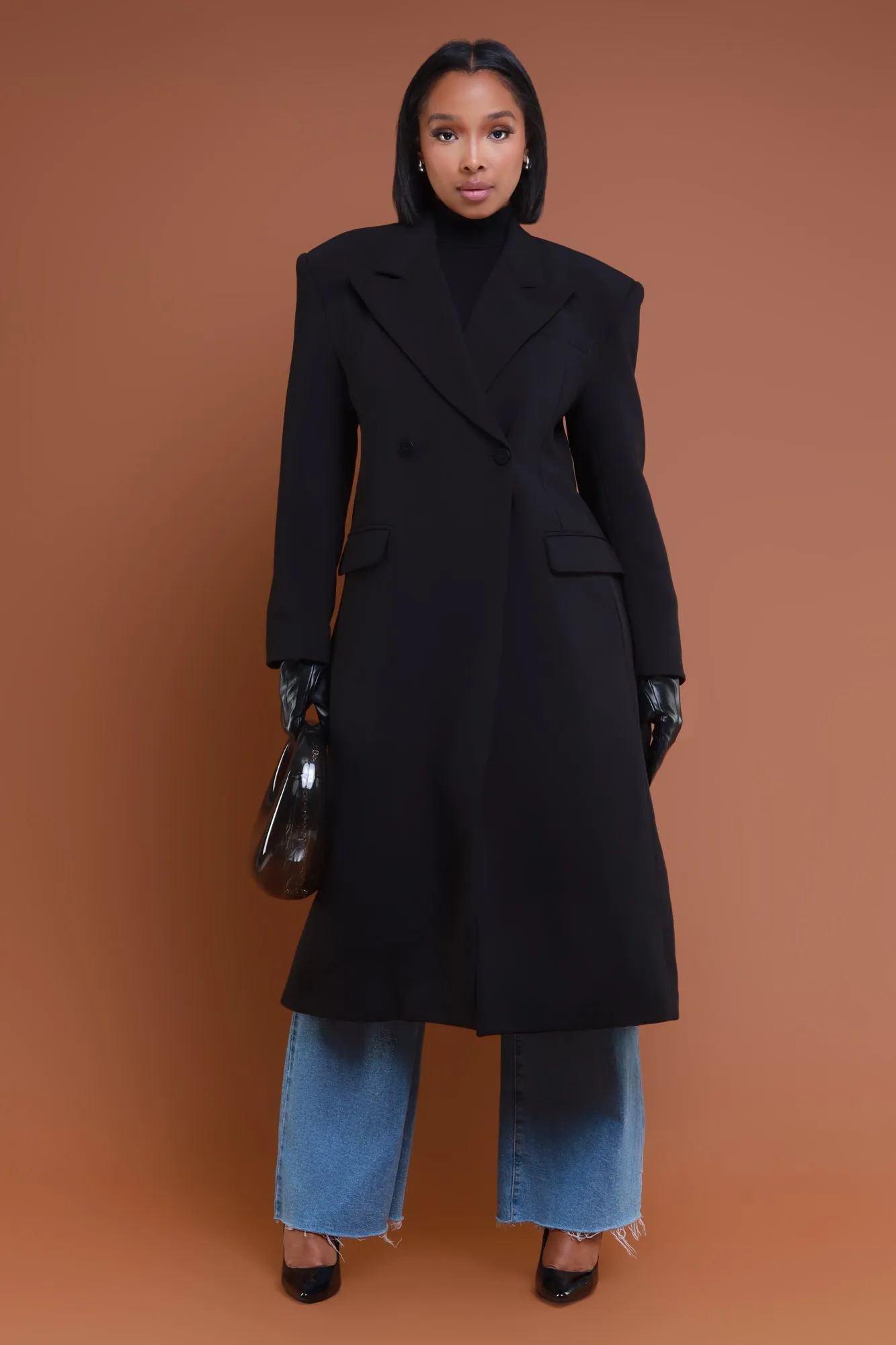 Take Notes Double Breasted Longline Coat - Black