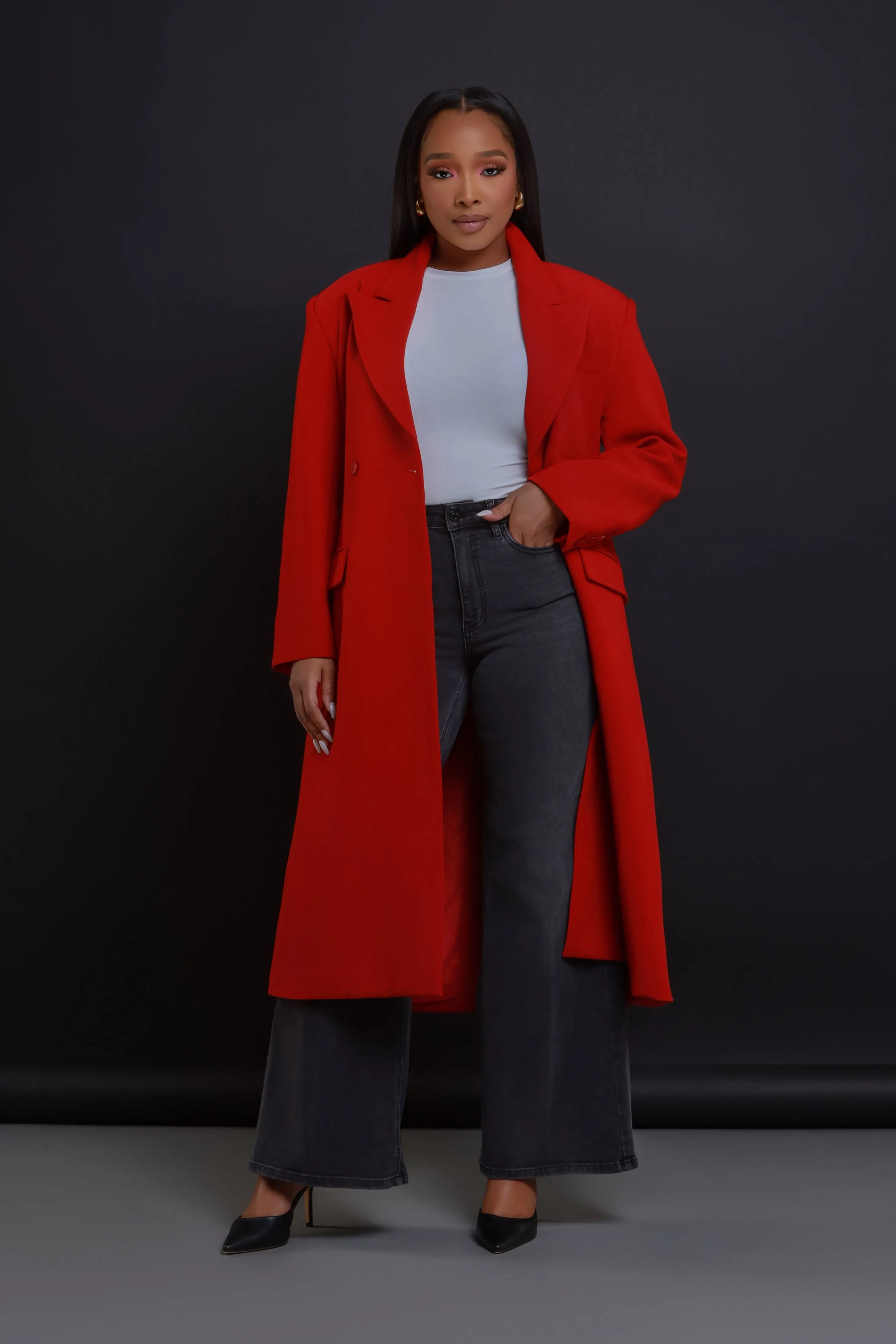 Take Notes Double Breasted Longline Coat - Red