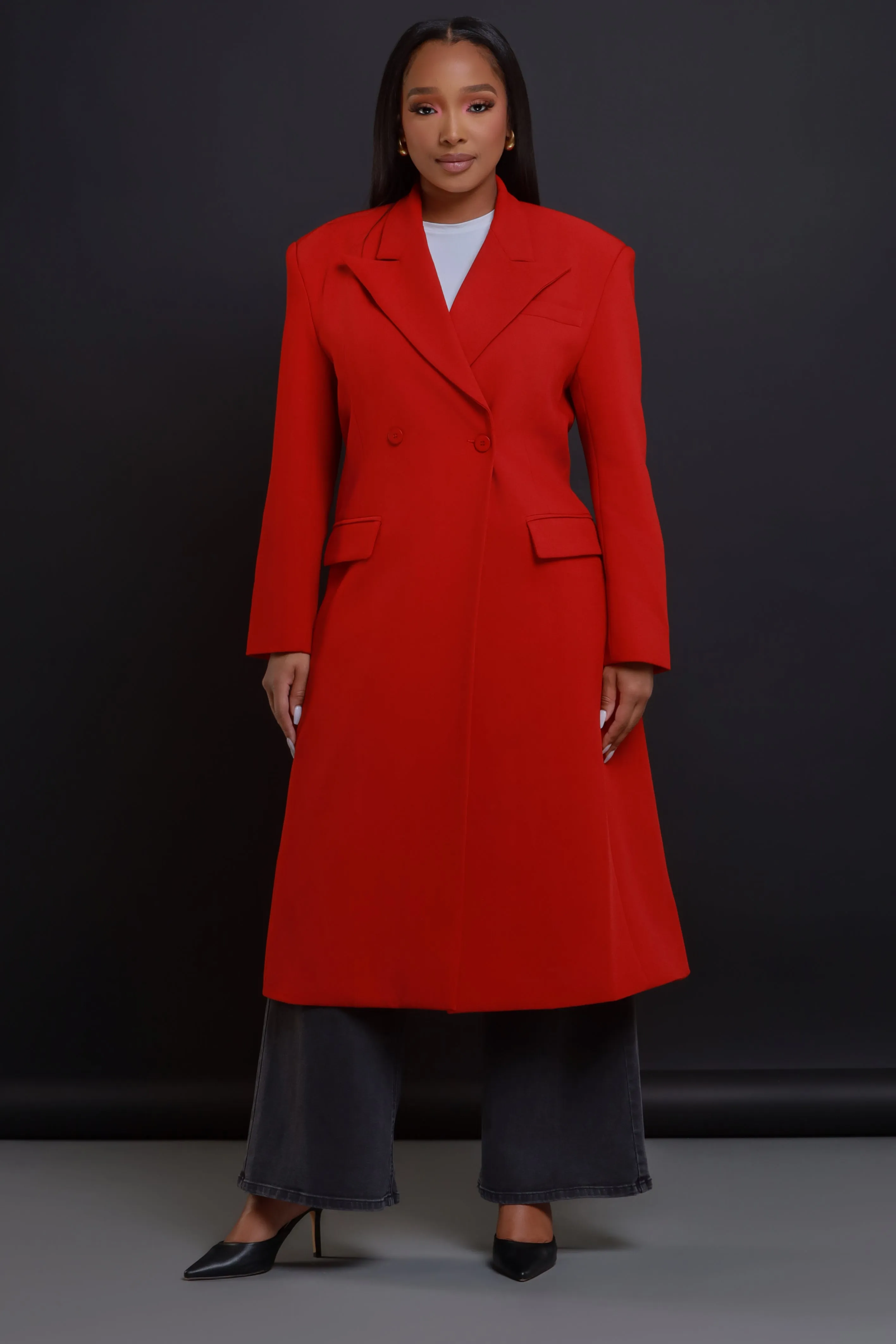 Take Notes Double Breasted Longline Coat - Red