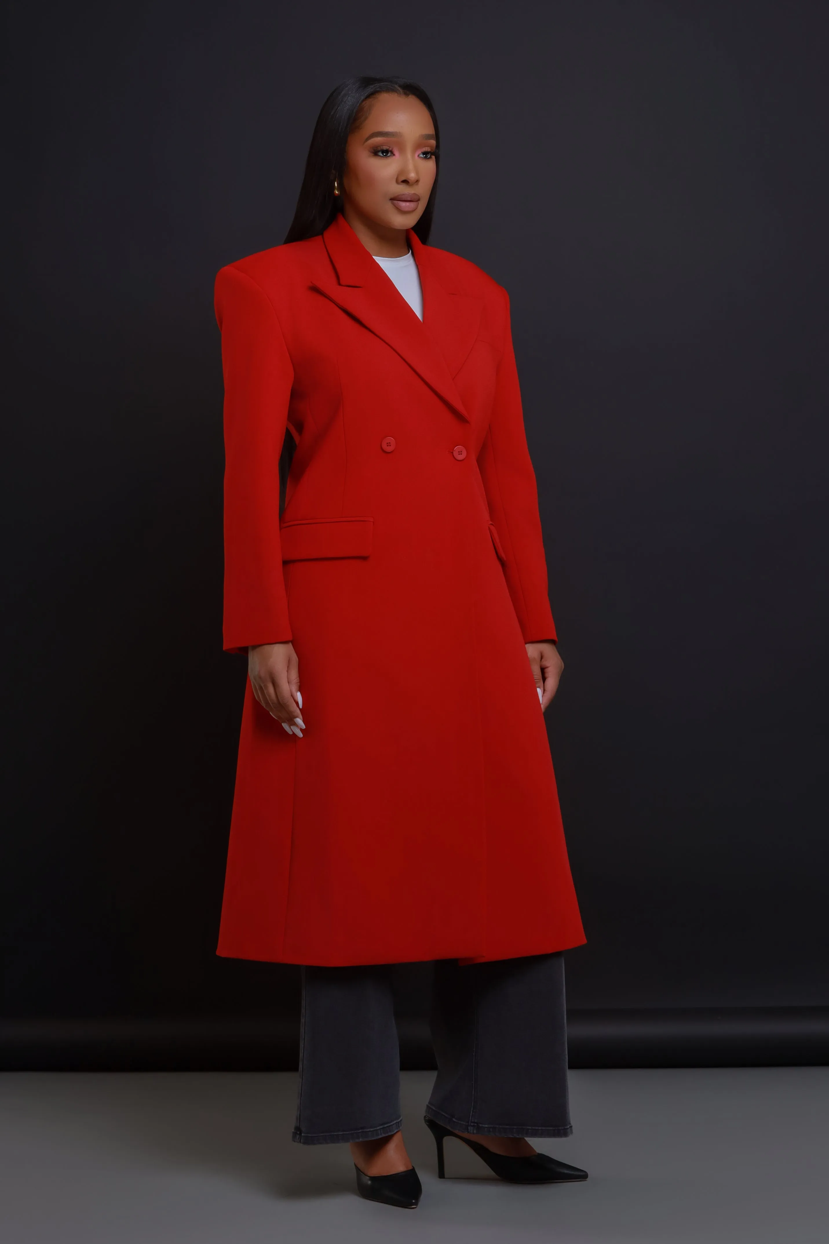 Take Notes Double Breasted Longline Coat - Red