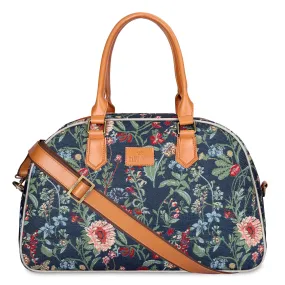 The Clownfish Ziana Series 24 Litres Tapestry & Faux Leather Unisex Travel Duffle Bag Luggage Weekender Bag (Navy Blue-Floral)