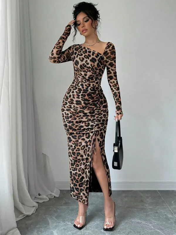 Trendy Animal Print Midi Dress with Ruched Detailing and Side Slit