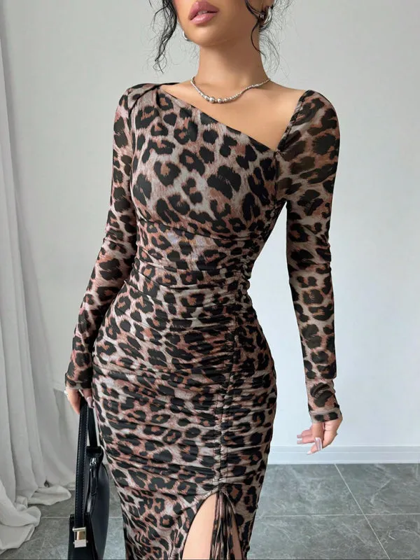 Trendy Animal Print Midi Dress with Ruched Detailing and Side Slit