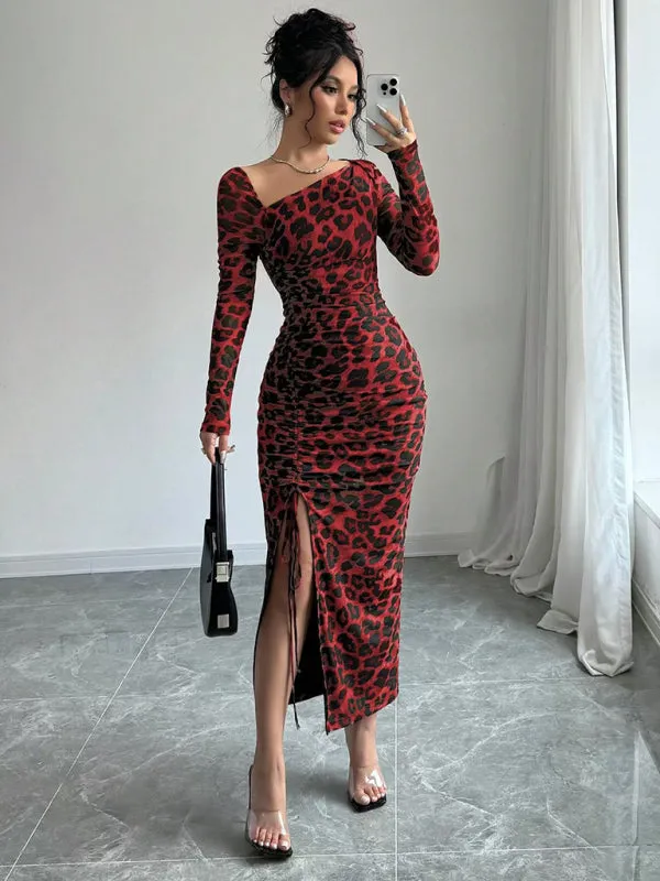 Trendy Animal Print Midi Dress with Ruched Detailing and Side Slit