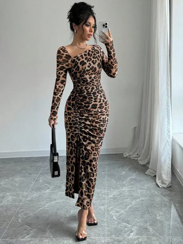 Trendy Animal Print Midi Dress with Ruched Detailing and Side Slit