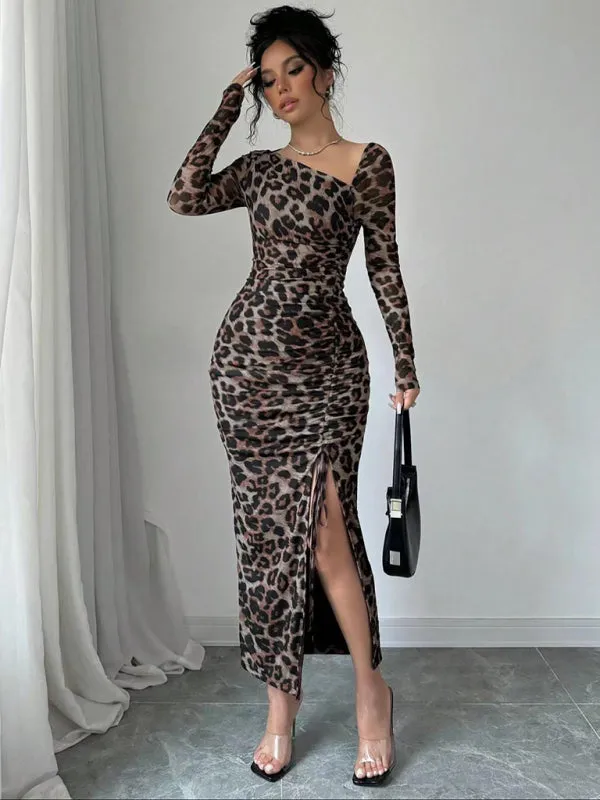 Trendy Animal Print Midi Dress with Ruched Detailing and Side Slit