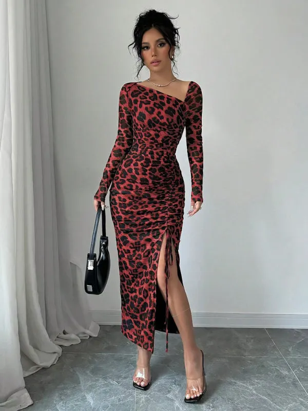 Trendy Animal Print Midi Dress with Ruched Detailing and Side Slit