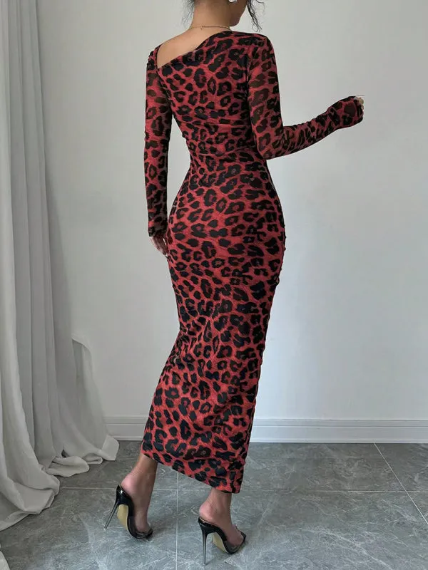 Trendy Animal Print Midi Dress with Ruched Detailing and Side Slit