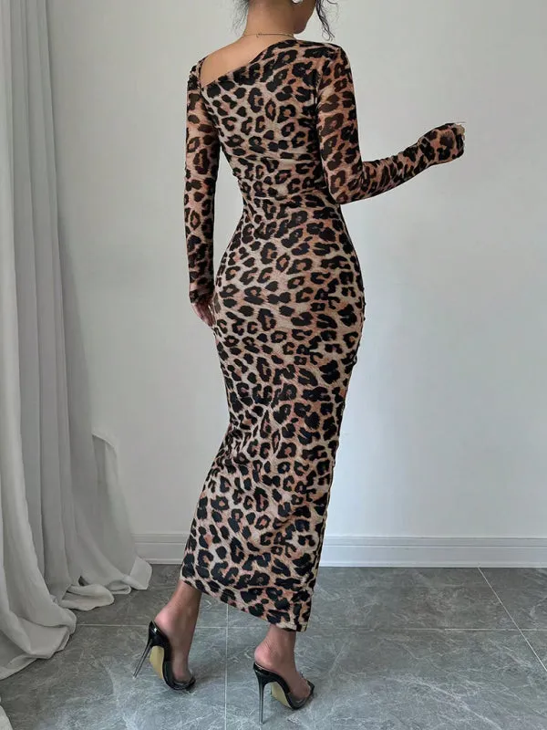 Trendy Animal Print Midi Dress with Ruched Detailing and Side Slit