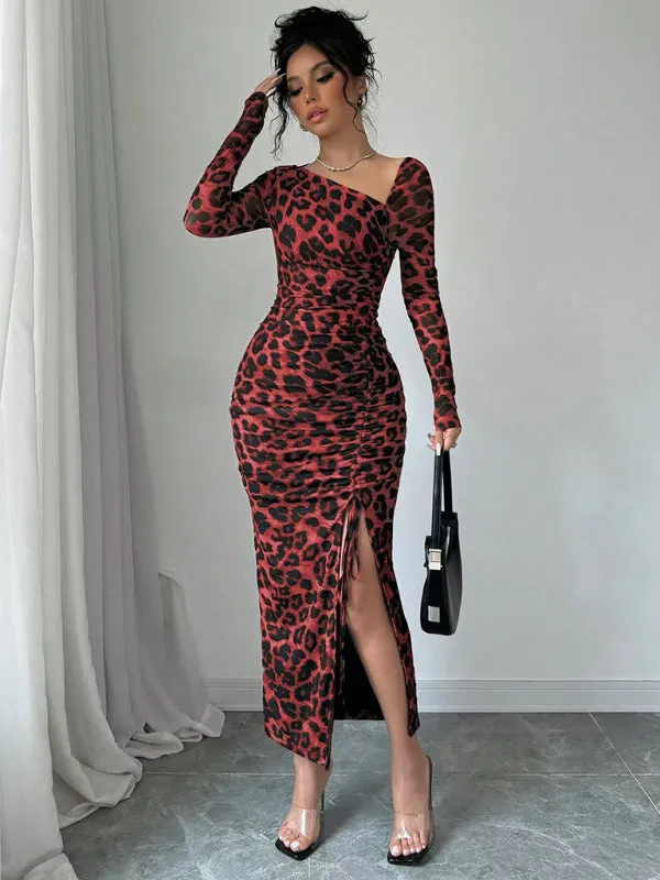 Trendy Animal Print Midi Dress with Ruched Detailing and Side Slit