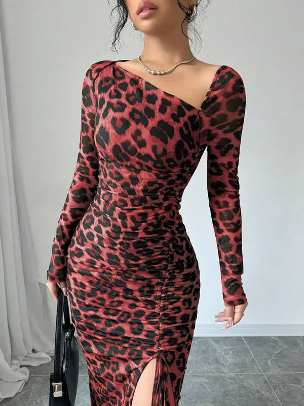 Trendy Animal Print Midi Dress with Ruched Detailing and Side Slit