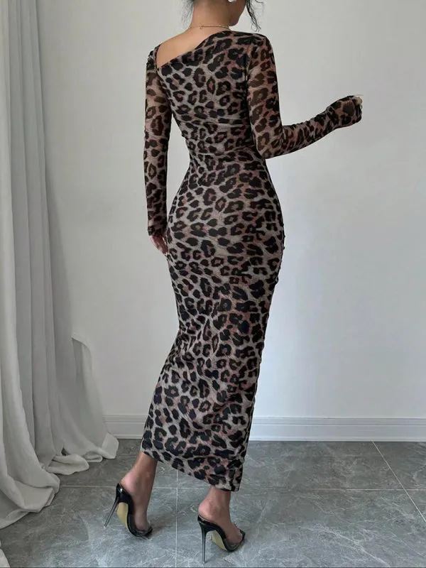 Trendy Animal Print Midi Dress with Ruched Detailing and Side Slit