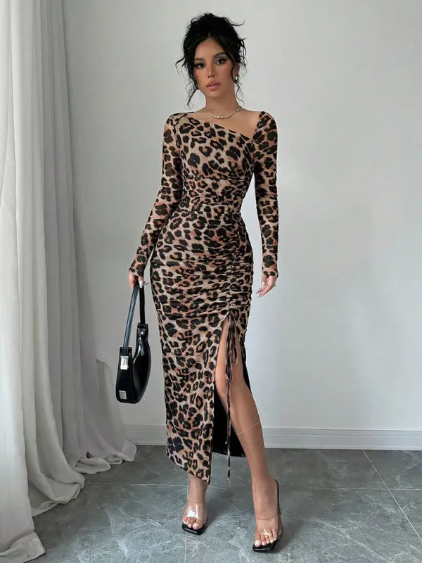 Trendy Animal Print Midi Dress with Ruched Detailing and Side Slit