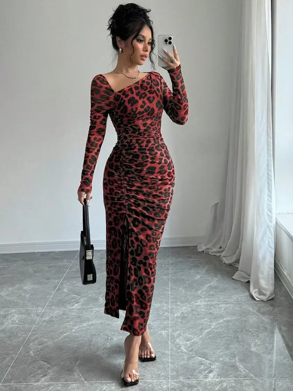 Trendy Animal Print Midi Dress with Ruched Detailing and Side Slit