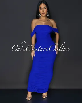 Vella Royal-Blue Mesh Overlay Ruched Off-The Shoulder Dress