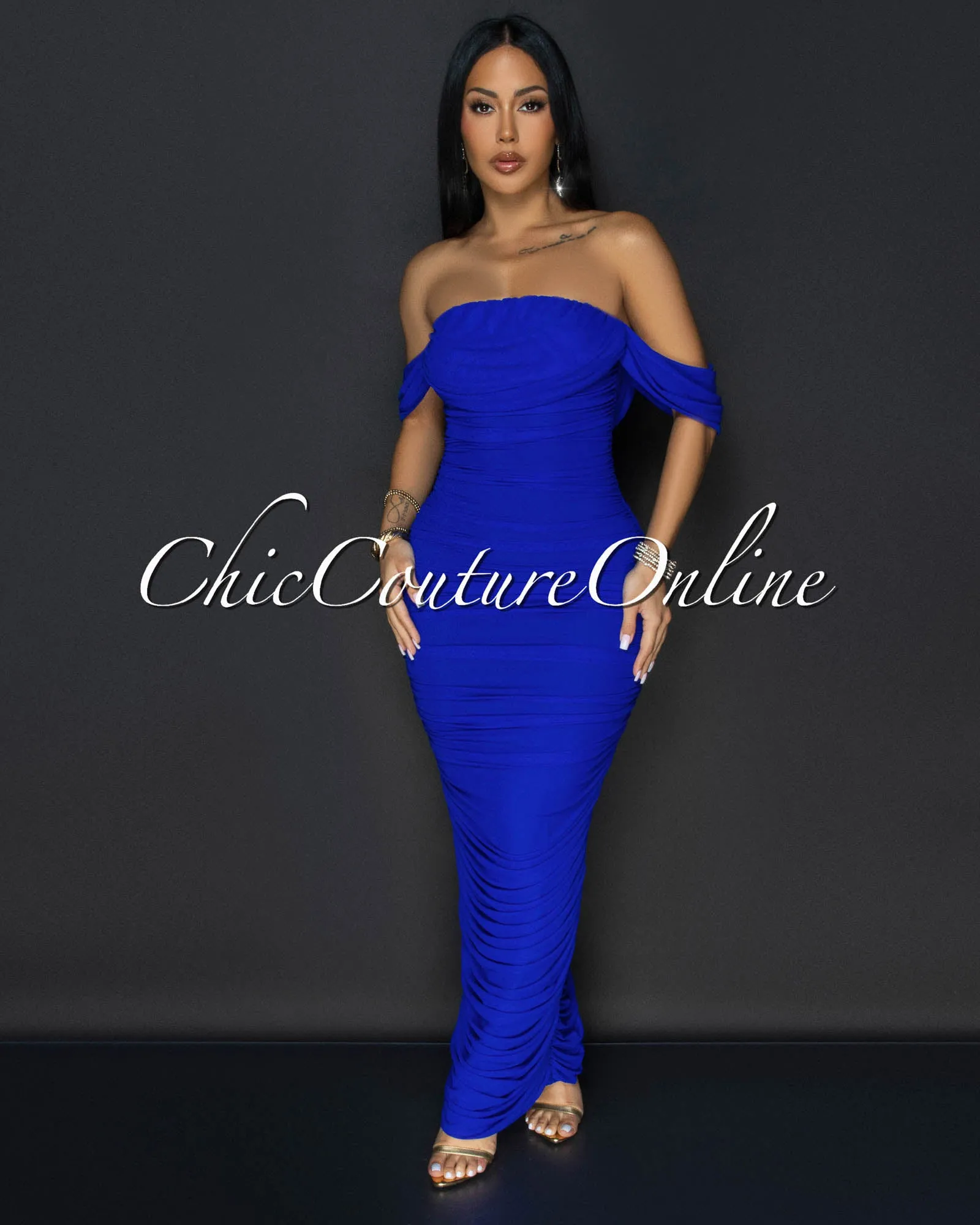 Vella Royal-Blue Mesh Overlay Ruched Off-The Shoulder Dress