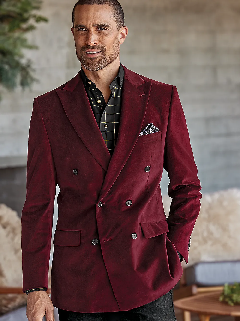 Velvet Double Breasted Peak Lapel Sport Coat - Wine