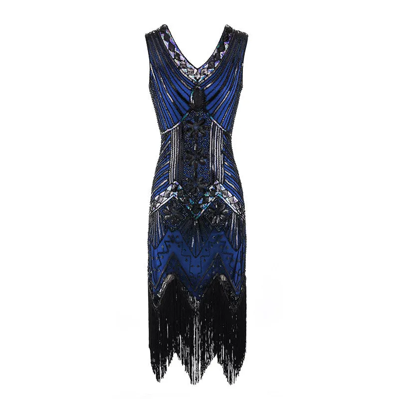 Vintage 1920s sequins costume midi dress | Retro v neck sleevesless evening gowns party dress