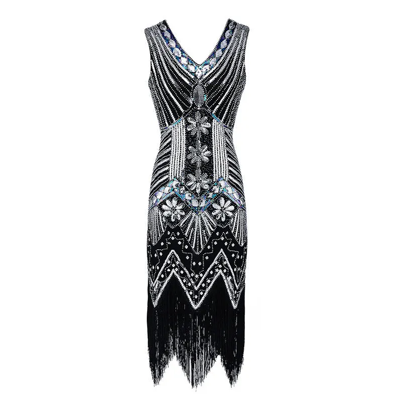 Vintage 1920s sequins costume midi dress | Retro v neck sleevesless evening gowns party dress