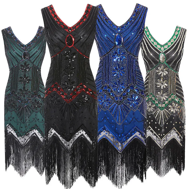 Vintage 1920s sequins costume midi dress | Retro v neck sleevesless evening gowns party dress