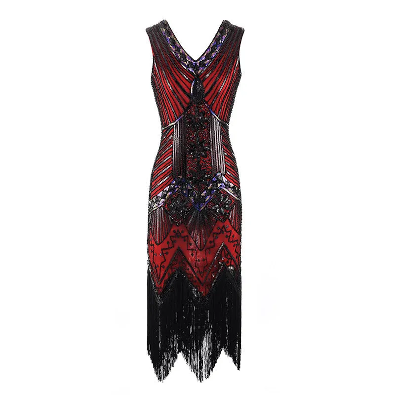 Vintage 1920s sequins costume midi dress | Retro v neck sleevesless evening gowns party dress