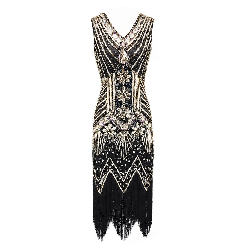 Vintage 1920s sequins costume midi dress | Retro v neck sleevesless evening gowns party dress