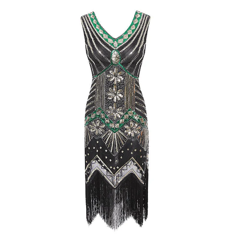 Vintage 1920s sequins costume midi dress | Retro v neck sleevesless evening gowns party dress