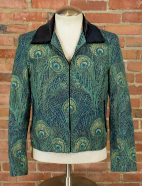 Vintage 70s Granny Takes a Trip Peacock Jacket with Black Velvet Accents Small