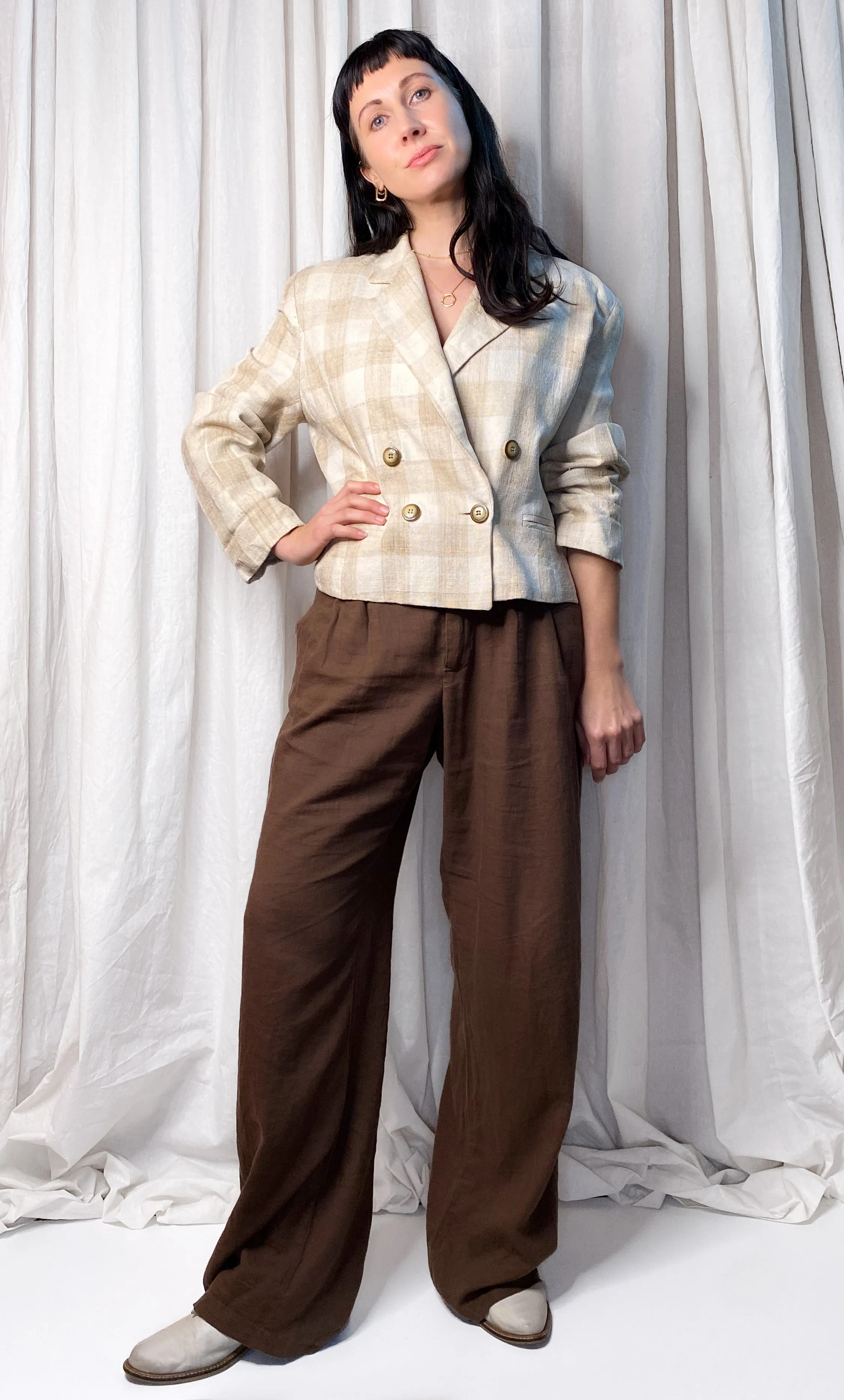 VINTAGE HANDWOVEN SILK GINGHAM JACKET [ Natural Cream & Beige, Size Small / Medium ]