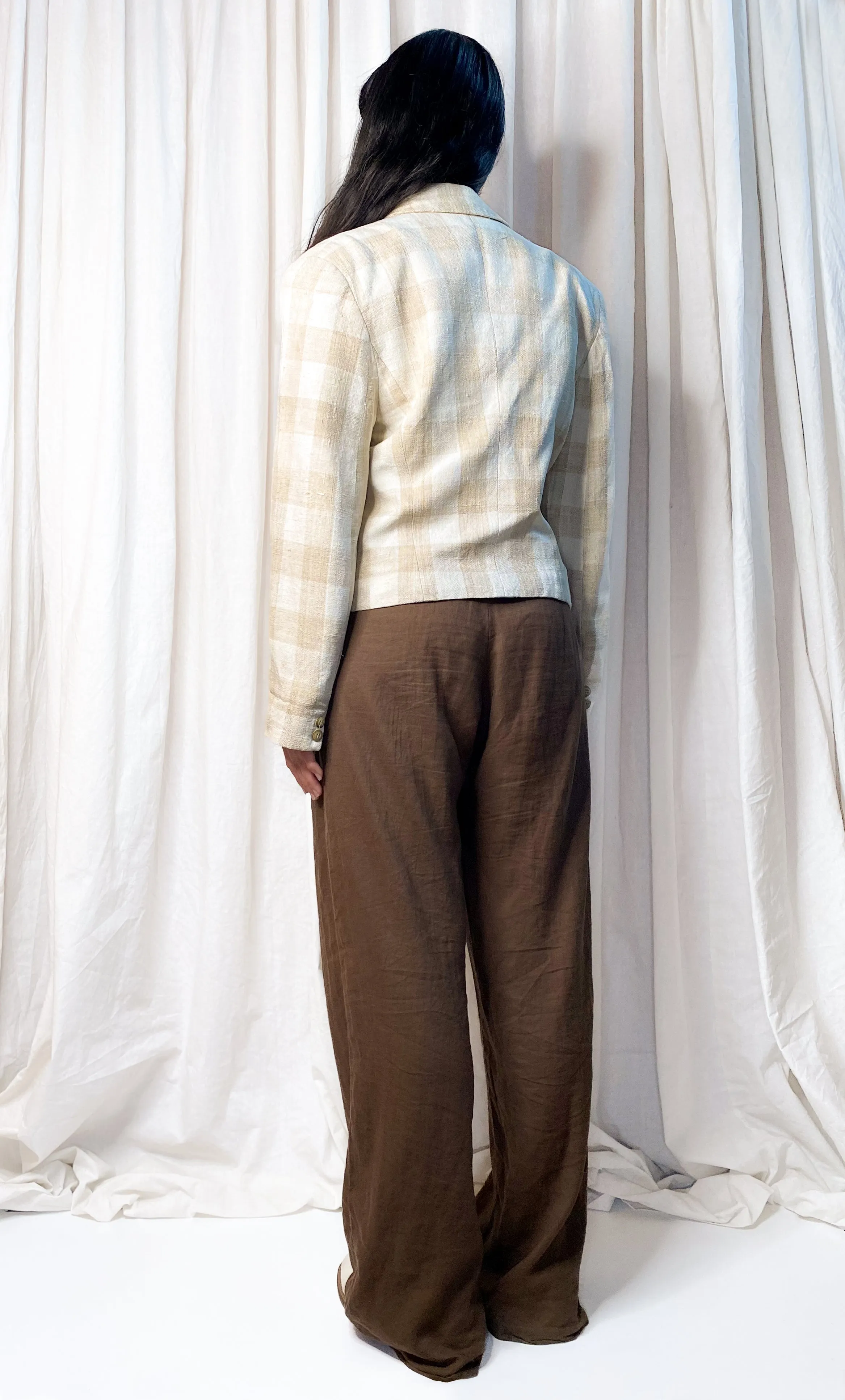 VINTAGE HANDWOVEN SILK GINGHAM JACKET [ Natural Cream & Beige, Size Small / Medium ]