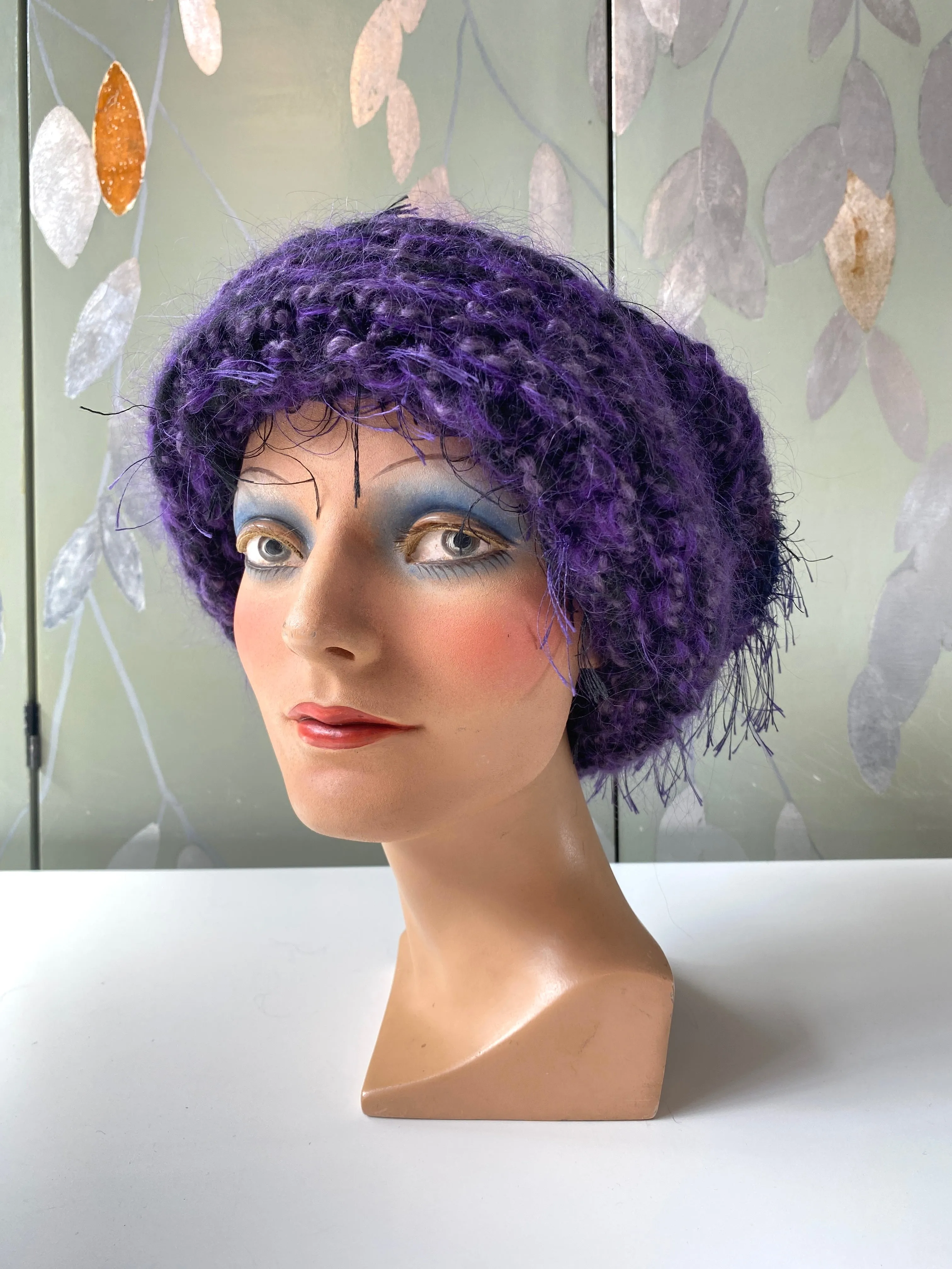 Vintage Purple Fuzzy Knit Beanie Hat