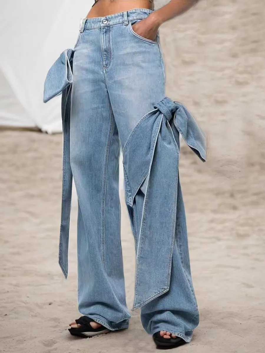 Washed Distressed Bowknot jeans