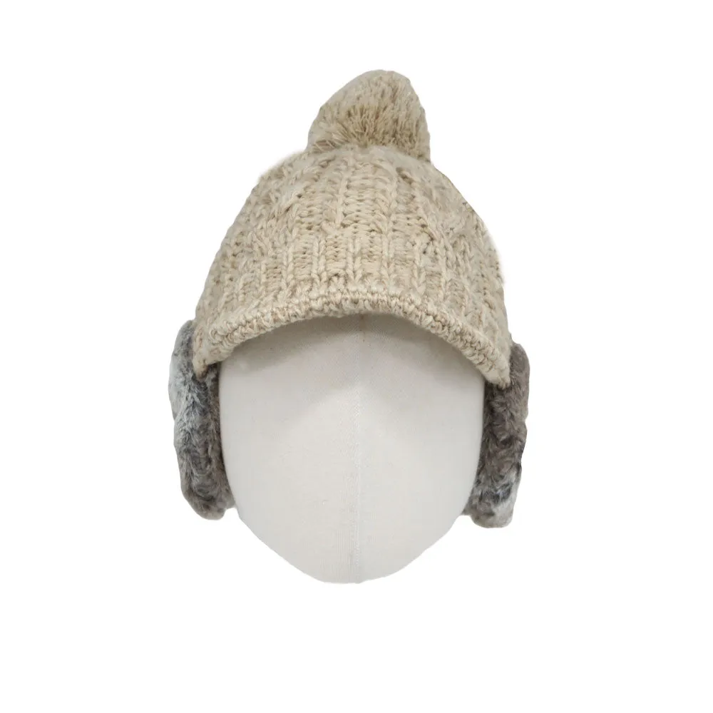 Winter Pom Knitted Cable Visor Earflaps Beanie Hat Mixed Color Skull Cap JDT1494