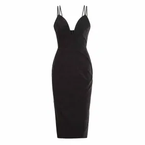 Women Black Sexy Deep V neck Mini Dress