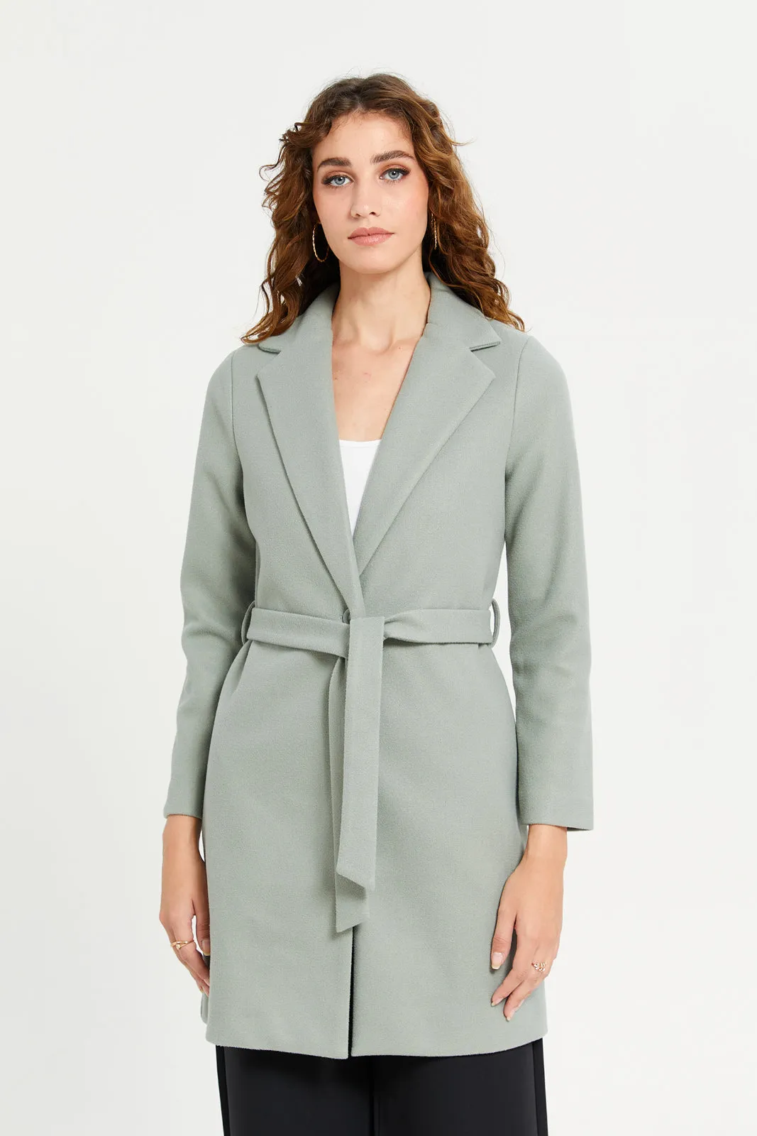 Women Mint Long Line Tie Belted Coat